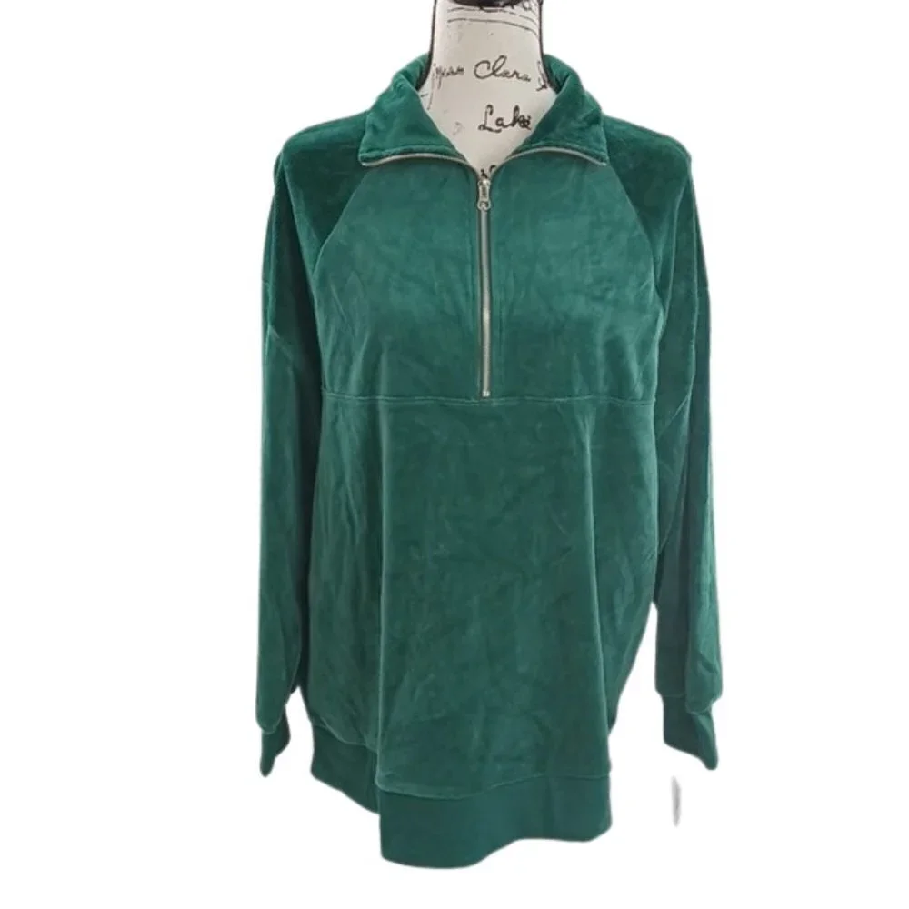 Wild Fable Womens Velour Sweatshirt Small Green Quarter Zip Pullover New - Picture 2 of 7